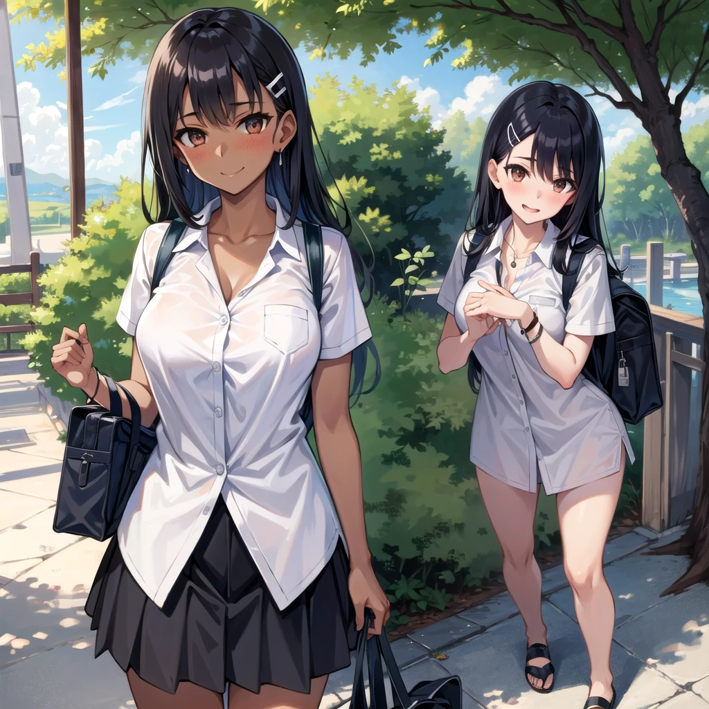((best quality)), ((masterpiece)), (details), one girl, sexy ((best quality)), ((masterpiece)), (details), one girl, sexy ((best quality)), ((masterpiece)), (details), one girl, full body, sexy expensive body, expensive, long legs, mature woman, mature, adult, it_nagatoro_main, Nagatoro Hayase, one girl, blushing, alone, uniform polo shirt, black hair, bag, brown eyes, hair accessory, looking at viewer, hair clip, outdoors, backpack, smiling, long hair, dark skinned woman, dark skin, , bangs, daytime, skirt, collared shirt, collarbone, ear clip, mouth closed, tree, asymmetrical bangs, upper body