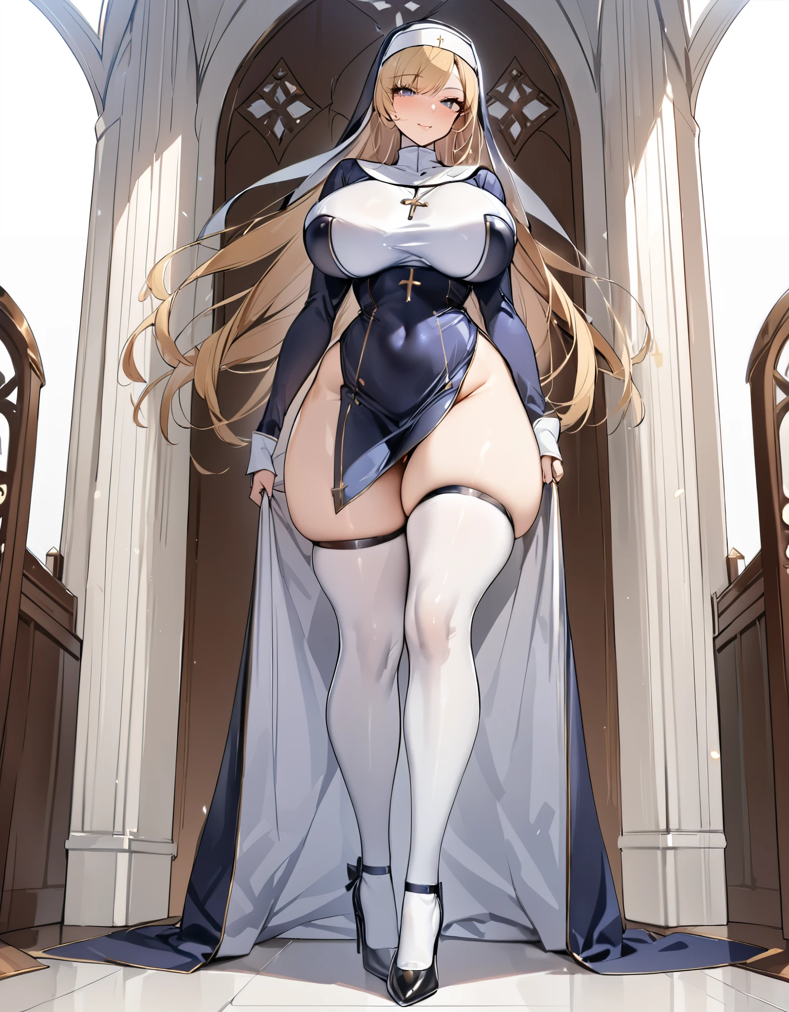 (Oda non style),(8K, best quality, masterpiece:1.2),\(Eye details\),\(Facial features details\),(\(Clothes details details\)\),(1 girl:1.3),独奏,full body,36 years old,mature female,((milf)),tall and giant body,((blonde hair)),gray pupil,(long straight hair:1.2),((middles bangs)),(large breasts),medium_breasts,(Pointed and firm breasts),Long legs.battle nun,(Sexy nun dress:1.2)+(thigh large outcuting:1.25),bare thigh,high heels.{The character is in a sacred church},