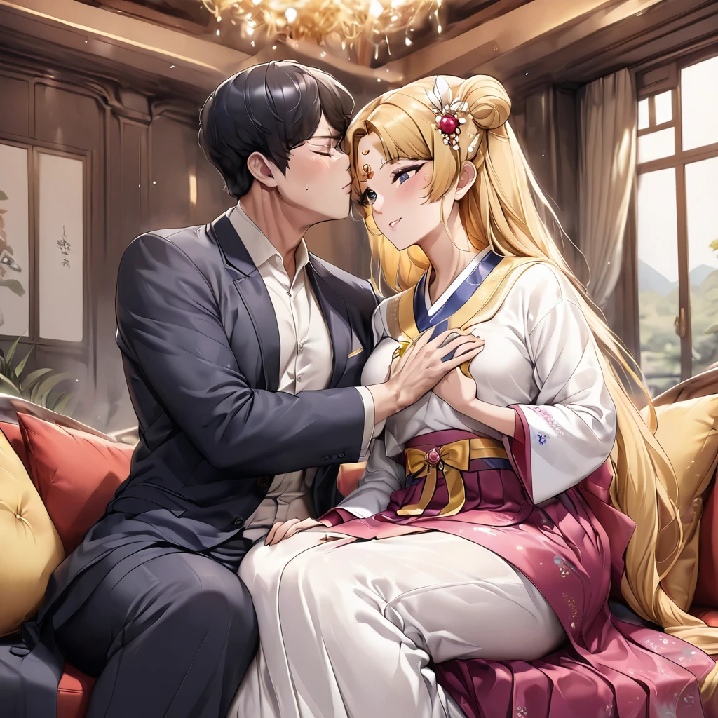 ((Highest quality)), ((masterpiece)), (detailed), （Perfect Face）、The woman is Korean Tsukino Usagi, and is wearing a gorgeous, dazzling traditional Korean dress called a hanbok (traditional Korean dress), a gorgeous hair ornament, gorgeous jeweled accessories, and an engagement ring in a luxurious Korean mansion. The woman and the man are sitting on a luxurious, large sofa in the luxurious room, and the woman is being embraced, kissed, and caressed by a dignified, middle-aged Korean man wearing a stout hanbok.、The woman is the elegant Tsukino Usagi, a Korean woman with long blonde hair in a chignon twin tail, wearing the traditional Korean dress, Chima Chogori.、The man is a dignified, sturdy middle-aged Korean man wearing the traditional Korean dress, Hanbok.