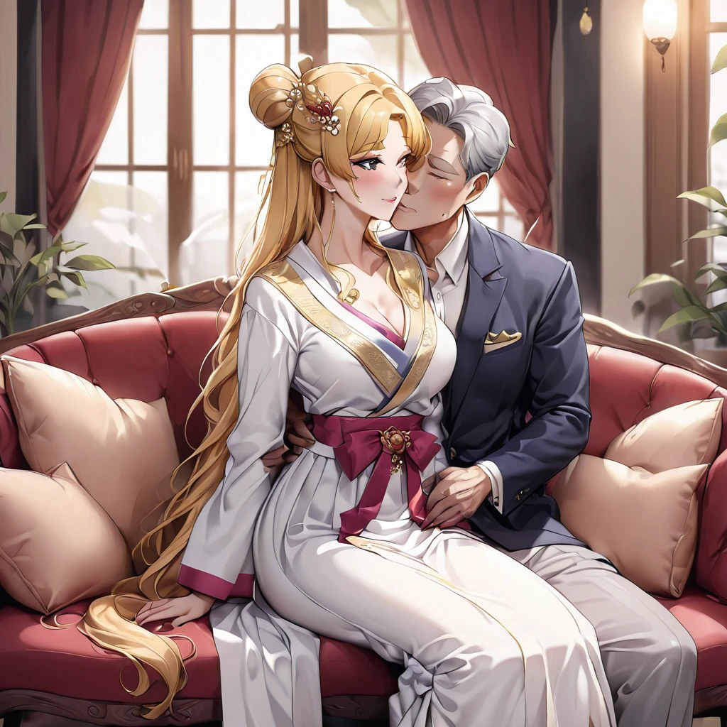 ((Highest quality)), ((masterpiece)), (detailed), （Perfect Face）、The woman is Korean Tsukino Usagi, and is wearing a gorgeous, dazzling traditional Korean dress called a hanbok (traditional Korean dress), a gorgeous hair ornament, gorgeous jeweled accessories, and an engagement ring in a luxurious Korean mansion. The woman and the man are sitting on a luxurious, large sofa in the luxurious room, and the woman is being embraced, kissed, and caressed by a dignified, middle-aged Korean man wearing a stout hanbok.、The woman is the elegant Tsukino Usagi, a Korean woman with long blonde hair in a chignon twin tail, wearing the traditional Korean dress, Chima Chogori.、The man is a dignified, sturdy middle-aged Korean man wearing the traditional Korean dress, Hanbok.