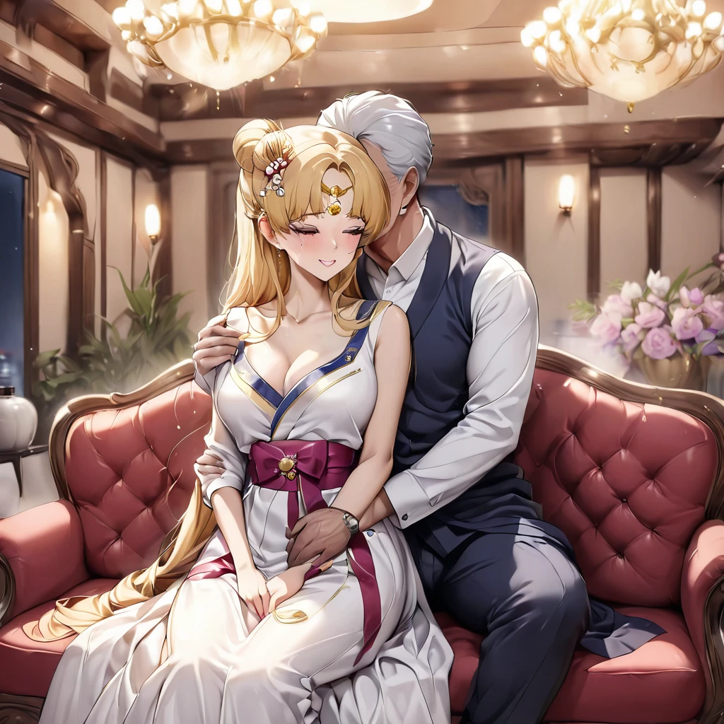 ((Highest quality)), ((masterpiece)), (detailed), (Perfect Face)、The woman is Korean Tsukino Usagi, and is wearing a gorgeous, dazzling traditional Korean dress called a hanbok (traditional Korean dress), a gorgeous hair ornament, gorgeous jeweled accessories, and an engagement ring in a luxurious Korean mansion. The woman and the man are sitting on a luxurious, large sofa in the luxurious room, and the woman is being embraced, kissed, and caressed by a dignified, middle-aged Korean man wearing a stout hanbok.、The woman is the elegant Tsukino Usagi, a Korean woman with long blonde hair in a chignon twin tail, wearing the traditional Korean dress, Chima Chogori.、The man is a dignified, sturdy middle-aged Korean man wearing the traditional Korean dress, Hanbok.
