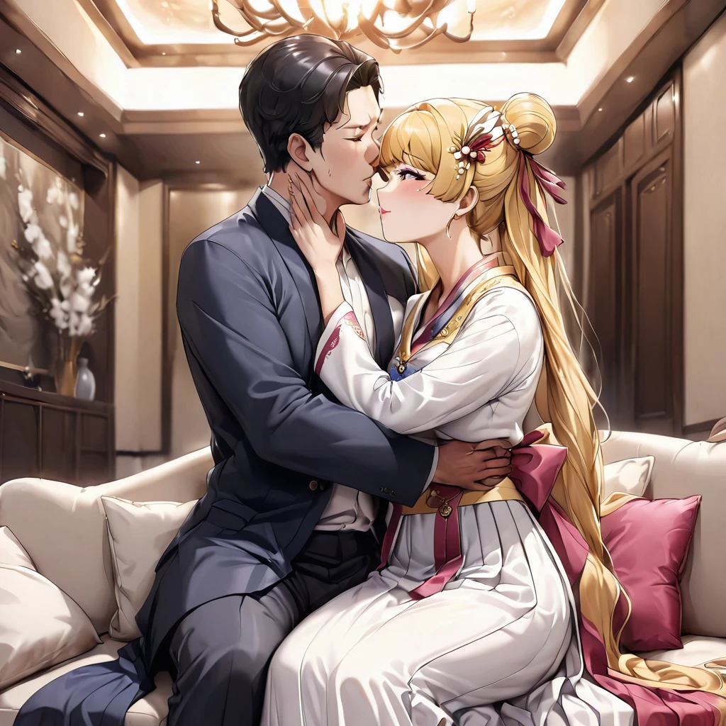 ((Highest quality)), ((masterpiece)), (detailed), （Perfect Face）、The woman is Korean Tsukino Usagi, and is wearing a gorgeous, dazzling traditional Korean dress called a hanbok (traditional Korean dress), a gorgeous hair ornament, gorgeous jeweled accessories, and an engagement ring in a luxurious Korean mansion. The woman and the man are sitting on a luxurious, large sofa in the luxurious room, and the woman is being embraced, kissed, and caressed by a dignified, middle-aged Korean man wearing a stout hanbok.、The woman is the elegant Tsukino Usagi, a Korean woman with long blonde hair in a chignon twin tail, wearing the traditional Korean dress, Chima Chogori.、The man is a dignified, sturdy middle-aged Korean man wearing the traditional Korean dress, Hanbok.