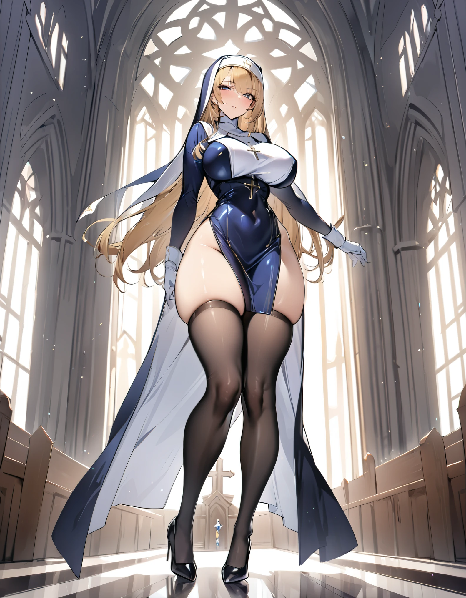 (Oda non style),(8K, best quality, masterpiece:1.2),\(Eye details\),\(Facial features details\),(\(Clothes details details\)\),(1 girl:1.3),独奏,full body,36 years old,mature female,((milf)),tall and giant body,((blonde hair)),gray pupil,(long straight hair:1.2),((middles bangs)),(large breasts),medium_breasts,(Pointed and firm breasts),Long legs.battle nun,(Sexy nun dress:1.2)+(thigh large outcuting:1.25),bare thigh,high heels.{The character is in a sacred church},