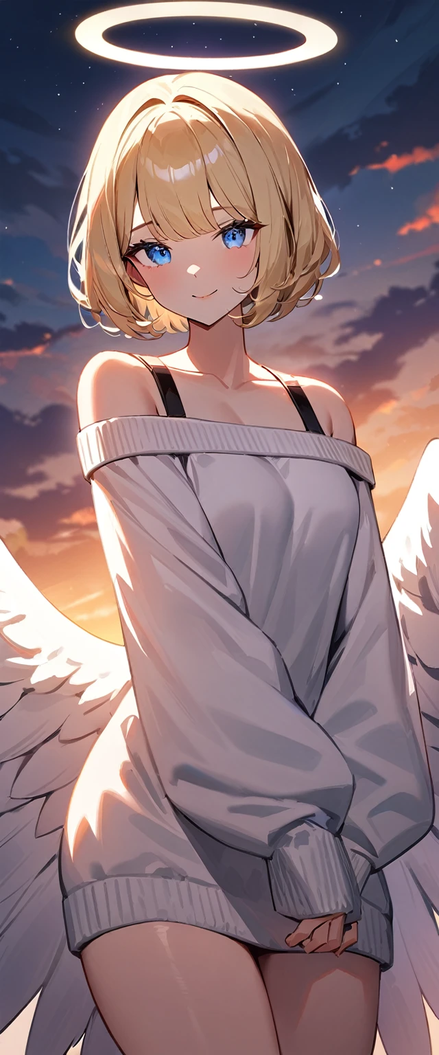 (((One girl))), (((cowboy shot))), ((flying)), ((angel, big big white wings:1.2, halo:1.3)), Uriel, ((wavy hair, outward curled hair)), evening, Sunset, ((blond hair, bob cut:1.3)), breasts, teenager, (looking at viewer), oversized clothes, puffy long sleeves, collarbone, ((off-shoulder sweater dress:1.3, Quite thick shoulder straps)), (((sleeves past wrists:1.3))), ((white sweater)), collarbone, head tilt:1.3, (((blue eye))), ((happy smile)), (((anime style))), (best quality, 4K, 8K, highres, masterpiece:1.2, ultra-detailed, ultra-detailed eyes, HDR, uhd, studio lighting, ultra-fine painting, sharp focus, physically-based rendering, extreme detail description, professional, vivid colors, bokeh), ((Highest quality, Best image quality, Ultra-high resolution, Ultra-high resolution, solo, Strong eye highlights)), Depth of written boundary, Natural soft light, attractive, Beautiful Face, Cleanliness, Pure Face, medium chest, Beautiful Face, Perfect Fingers, Perfect hands, Perfect body, Perfect Face, Shine a light into your eyes, Perfect Anatomy