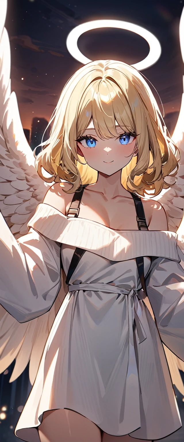 (((One girl))), (((cowboy shot))), ((flying)), ((angel, big big white wings:1.2, halo:1.3)), Uriel, ((wavy hair, outward curled hair)), evening, Sunset, ((blond hair, bob cut:1.3)), breasts, teenager, (looking at viewer), oversized clothes, puffy long sleeves, collarbone, ((off-shoulder sweater dress:1.3, Quite thick shoulder straps)), (((sleeves past wrists:1.3))), ((white sweater)), collarbone, head tilt:1.3, (((blue eye))), ((happy smile)), (((anime style))), (best quality, 4K, 8K, highres, masterpiece:1.2, ultra-detailed, ultra-detailed eyes, HDR, uhd, studio lighting, ultra-fine painting, sharp focus, physically-based rendering, extreme detail description, professional, vivid colors, bokeh), ((Highest quality, Best image quality, Ultra-high resolution, Ultra-high resolution, solo, Strong eye highlights)), Depth of written boundary, Natural soft light, attractive, Beautiful Face, Cleanliness, Pure Face, medium chest, Beautiful Face, Perfect Fingers, Perfect hands, Perfect body, Perfect Face, Shine a light into your eyes, Perfect Anatomy