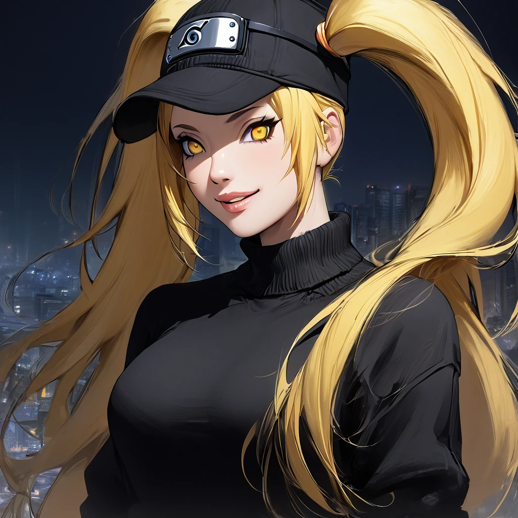 1girl, female Naruto , Naruto female version, solo, very long_hair, (( twintail)) yellow eyes, ((very long yellow_hair)), night view, breasts, upper_body, smile, yellow_eyes, lips, (yellow hair)  wearing black color sweater, breast, "very detailed and high resolution" (yellow eyes)  ((solo)) ((high resolution)) (Good quality),((front view))