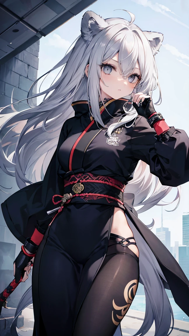 High resolution、Girl、Silver Hair、Long Hair,(),Lion ears、Grey Eyes、Slender、Toned body、Ninja,Kunoichi,Tattoo,