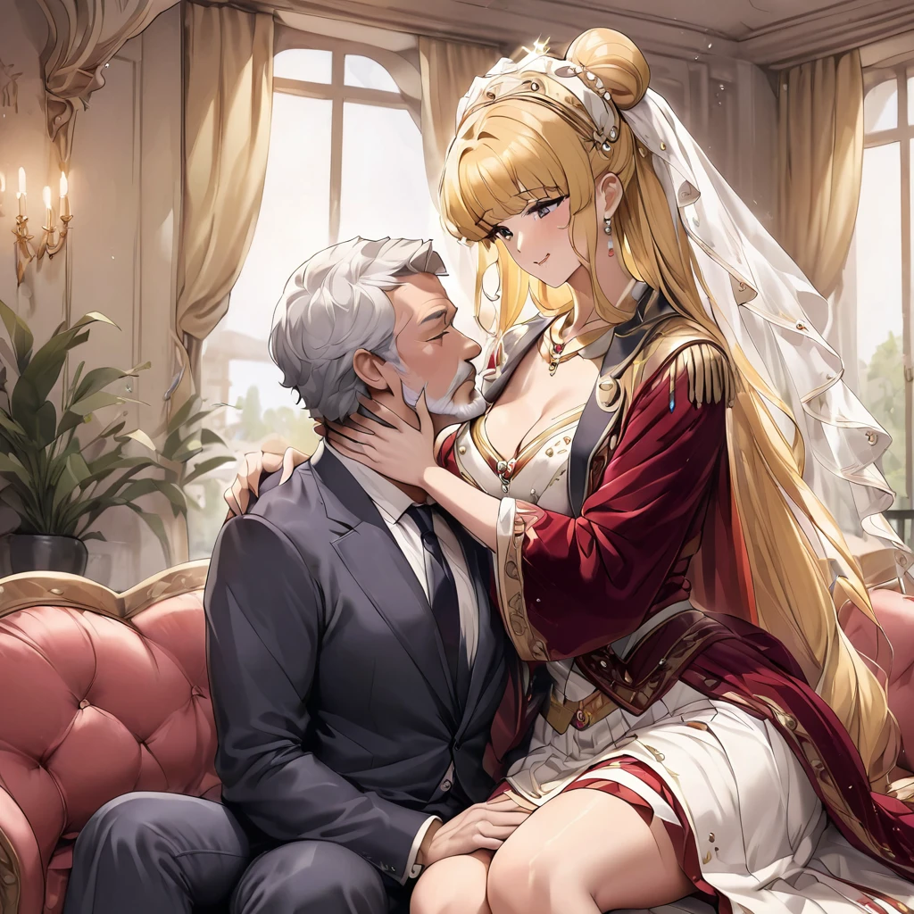 ((Highest quality)), ((masterpiece)), (detailed), （Perfect Face）、The woman is an Italian named Tsukino Usagi, and is wearing the gorgeous and glittering Italian traditional Sardinian costume in a luxurious Italian mansion, a lavishly decorated velvet jacket, a long veil, gorgeous jeweled accessories and an engagement ring. The woman and the man are sitting on a luxurious, large sofa in the luxurious room, and the woman is being embraced, kissed and caressed by a dignified, bearded middle-aged man wearing an Italian traditional costume.、The woman is the elegant Tsukino Usagi, with long blonde hair in a chignon twin tail, wearing a velvet jacket decorated with the Italian national costume of Sardinia, and a long veil.、The man is a dignified, muscular, bearded Italian man dressed in Italian national dress.