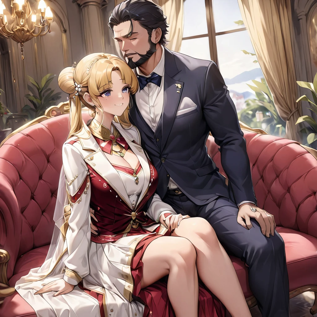((Highest quality)), ((masterpiece)), (detailed), (Perfect Face)、The woman is an Italian named Tsukino Usagi, and is wearing the gorgeous and glittering Italian traditional Sardinian costume in a luxurious Italian mansion, a lavishly decorated velvet jacket, a long veil, gorgeous jeweled accessories and an engagement ring. The woman and the man are sitting on a luxurious, large sofa in the luxurious room, and the woman is being embraced, kissed and caressed by a dignified, bearded middle-aged man wearing an Italian traditional costume.、The woman is the elegant Tsukino Usagi, with long blonde hair in a chignon twin tail, wearing a velvet jacket decorated with the Italian national costume of Sardinia, and a long veil.、The man is a dignified, muscular, bearded Italian man dressed in Italian national dress.