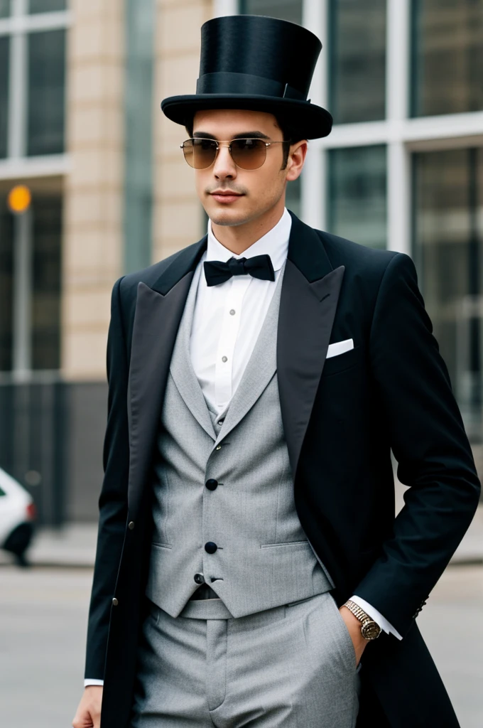 man with a cool business suit and a top hat, and sunglasses