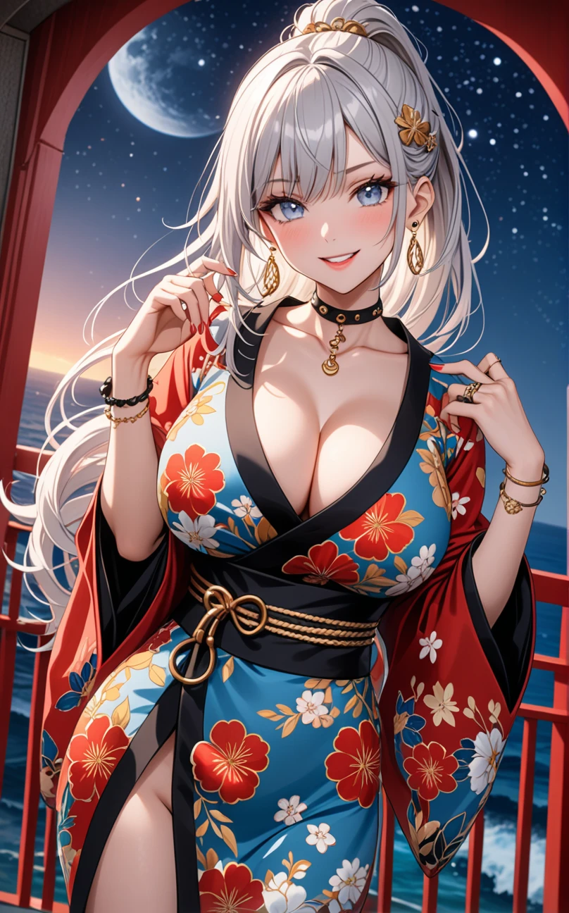 ((One personの女性)), Beautiful Face, (Laughing embarrassedly), (seductive smile:1.4), ((Wink:1.5)), (head tilt:1.3), Laugh with your mouth wide open, upper teeth, looking at viewer, (Doing sexy poses), ((full-face brash:1.4)), Glossy Red Lips, ((huge breasts:1.2)), night,Terrace with sea view, Starry Sky, Glossy pink lips, (Shining Face), ((Anime style background)),masterpiece, Highest quality, so beautiful,up to date, Complex details, (long nails of red color), (nail art), (ring),(bracelet),(Floral choker), (ring helix piercing:1.7), AI-generated, Complex,High resolution, Highest quality, super high quality,3D Images、3D Images,One person,Long white hair,High Ponytail, Anime woman posing for a photo, ((silver eyes:1.7)), ((Fine grain、Light blue eyes、Shining Eyes:1.4)), (Squint your eyes:1.1),a hyperRealistic , hyperRealistic , Realistic,Anime woman with long white hair, Smooth anime CG art, (A woman in a colorful kimono with gold embroidery), ((Black long sleeve kimono:1.3)), Red floral pattern,Long flower hair ornament,Floral Earrings,Mature Body,Tall,Abdominal muscles,Tight waist, ((face focus:1.3)), (dutch angle:1.2),