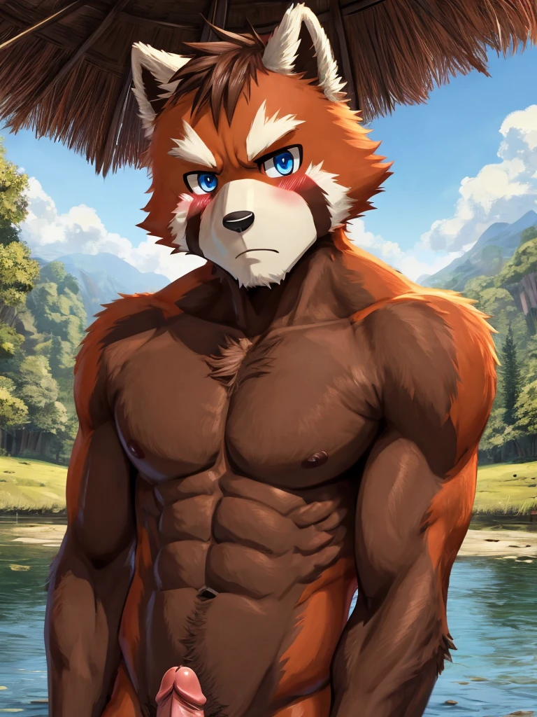 (masterpiece, 4K, ultra detailed), red panda furry, orange fur, dark brown belly fur, short hair, masculine, sunny, lake, shirtless, muscular, slim, eight-pack, blush, frown, adult, cartoony, anime, naked, penis, blue eyes