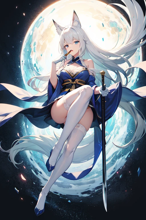 (HD 1080p)，(high quality)，(detailed)，white fox ears、White hair、neat long hair，blue eyes，Light green Hanfu(sleeveless)、Lace lingerie，White gloves、black stockings、look ahead，((One，Adult female))，Right hand holding the knife handle，Cover your mouth with your left hand，Put the spear behind you，Full body perspective，looking down，Legs slightly apart
