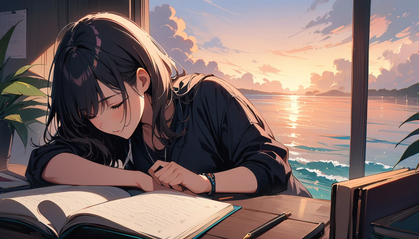 (masterpiece, Highest quality:1.2), 1 Girl, alone,Eyes open,studying,Tropical atmosphere,Ocean