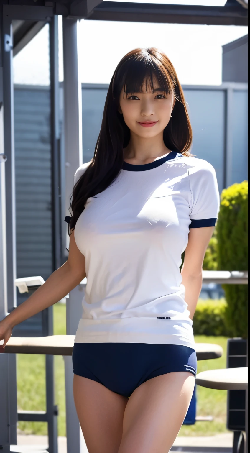 alone、high school girl、White skin、Natural Makeup、Black Hair、bangs、Straight Long Hair、(((White short-sleeved T-shirt on the upper body)))、((Long white gym clothes))、(((Very tight bloomerid rise bloomers)))、(((Navy Bloomers)))、(((Tuck the bottom of your gym clothes into your bloomers)))、Big Breasts、Big Ass、(((Schoolyard)))、((Realistic fingers))、((Perfect Style))、((Realistic body shape))、(((upright)))