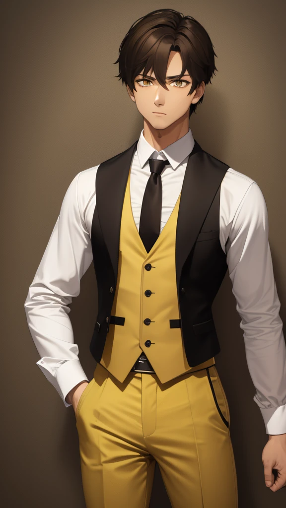 fair brown-skinned, shorth hair, shirt Yellow, eyes black, fully body, male focus, waistcoat, yellow hair,