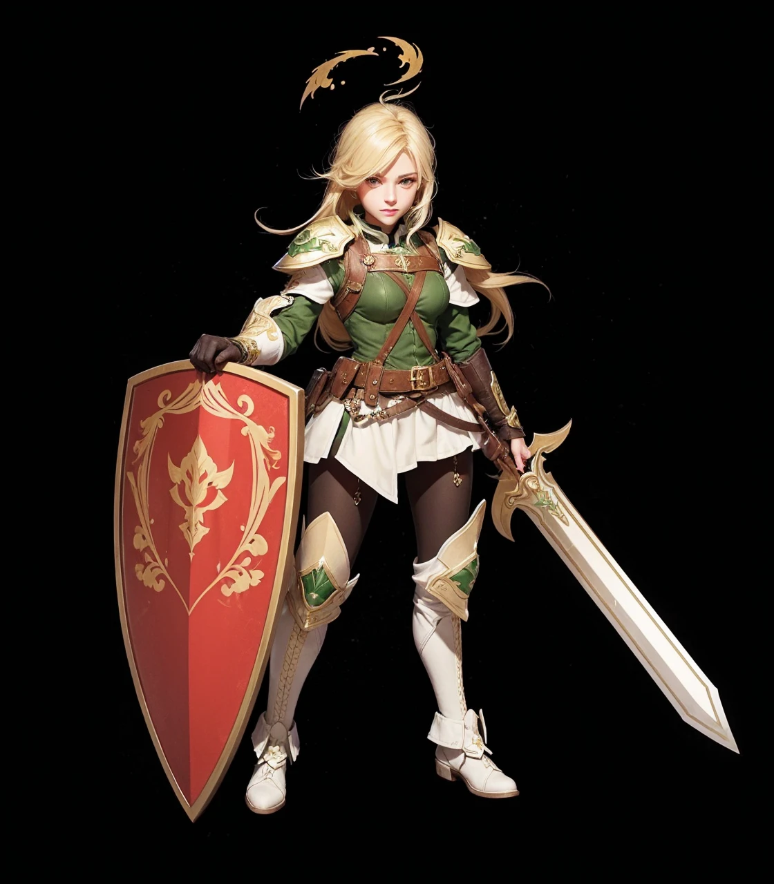 This is an illustration of a game, namely a female guard with blonde hair and green eyes. She is very sweet and beautiful and dressed neatly, hd qualty