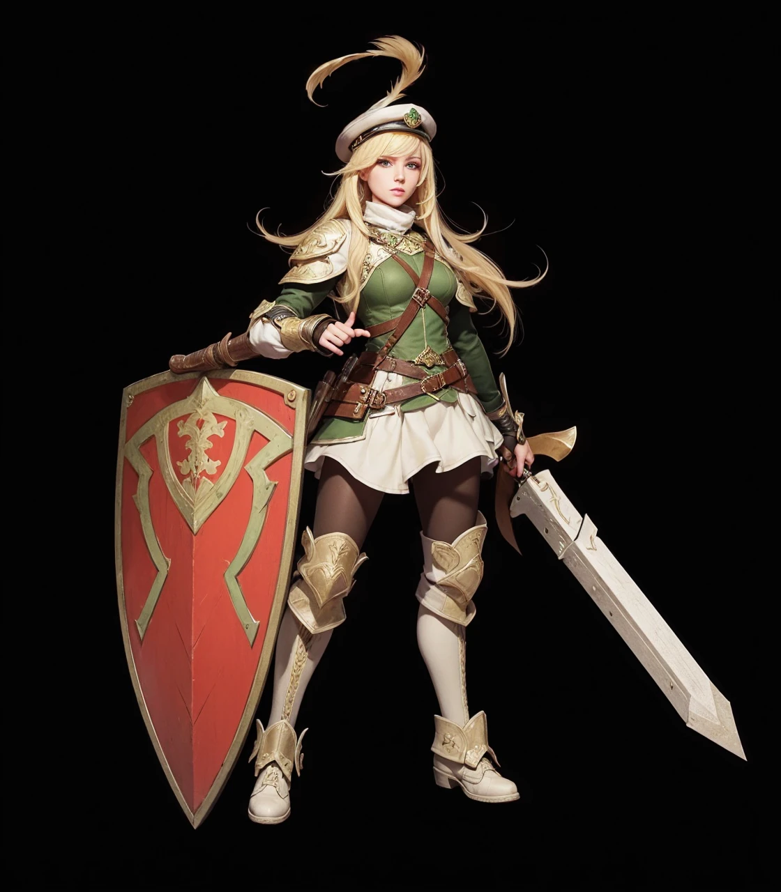 This is an illustration of a game, namely a female guard with blonde hair and green eyes. She is very sweet and beautiful and dressed neatly, hd qualty