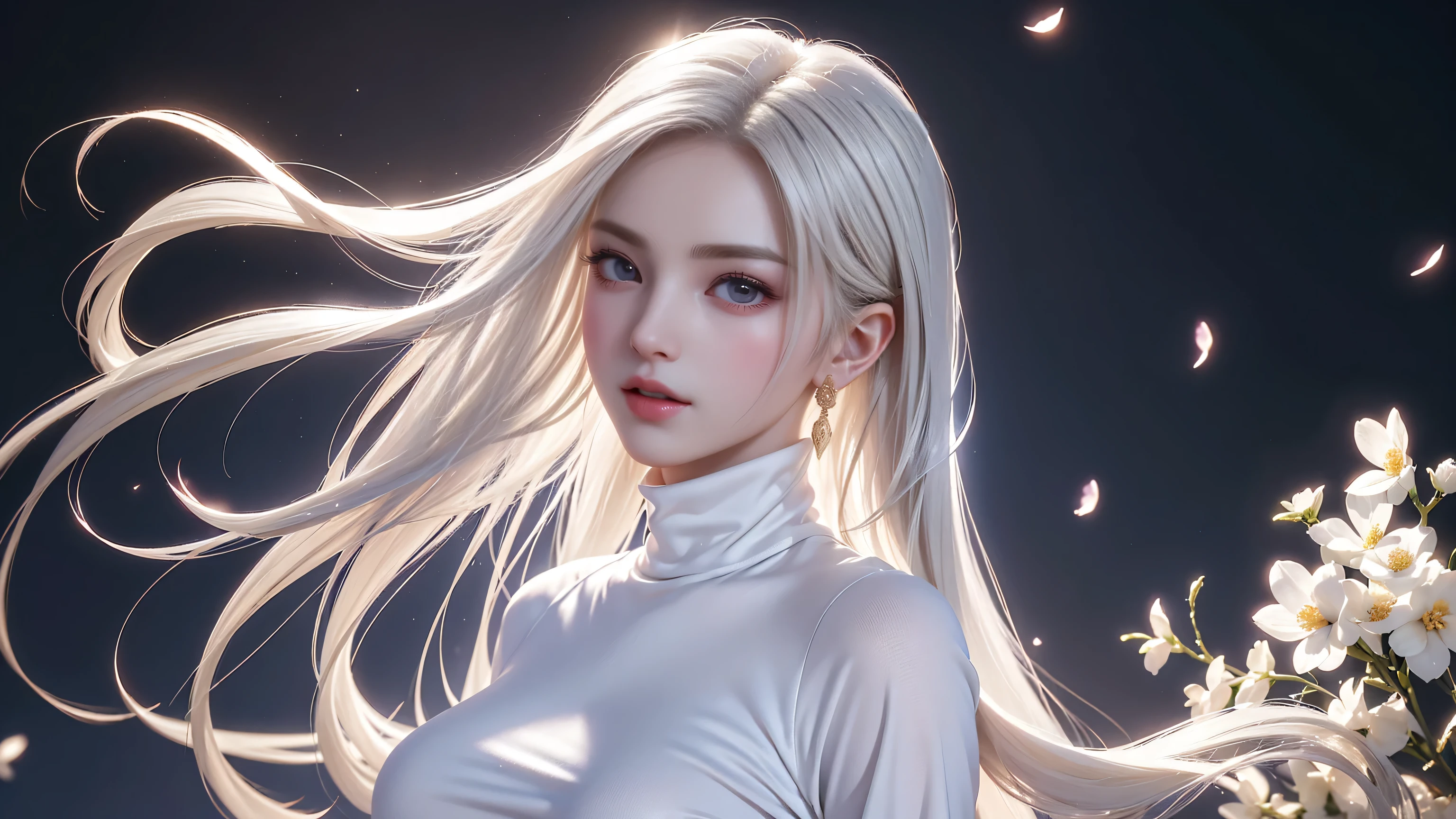 ((Full body image))((Representative works:1.5、8K、Portrait、Photo-realistic and very detailed CG、Very detailed、Particle Effects、Dynamic Effects、Written boundary depth、Cinematic Light、Lens flare、Ray Tracing、Tabletop、Realistic:1.4、Super A high resolution:1.2、Realistic、Realistic))((alone、,Woman in turtleneck dress:1.4、Model-like pose:、Side bust、Ample breasts、Detailed face、Bright expression、Young、Bright、White skin、Great looks、Ultimate beauty、shiny white hair:1.8、Bright shiny hair、Super long、Silky straight hair、Hair swaying in the wind))(Transparent flowers々Surrounded by、White background、The background is wonderful、Thin petals flutter down)