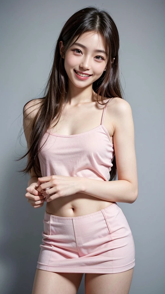 高いest quality, masterpiece, ultra 高い resolution, (realistic:1.4), 20-year-old,1 girl,Super 高い quality,8K,thinウエスト,and beautiful arms,beautiful fingers,sale eye makeup,thin,Medium chest,mini skirt,((Passion pink long hair,thinジャケット,realistic,picture media chest)),((toothy smile)),((big smile))
