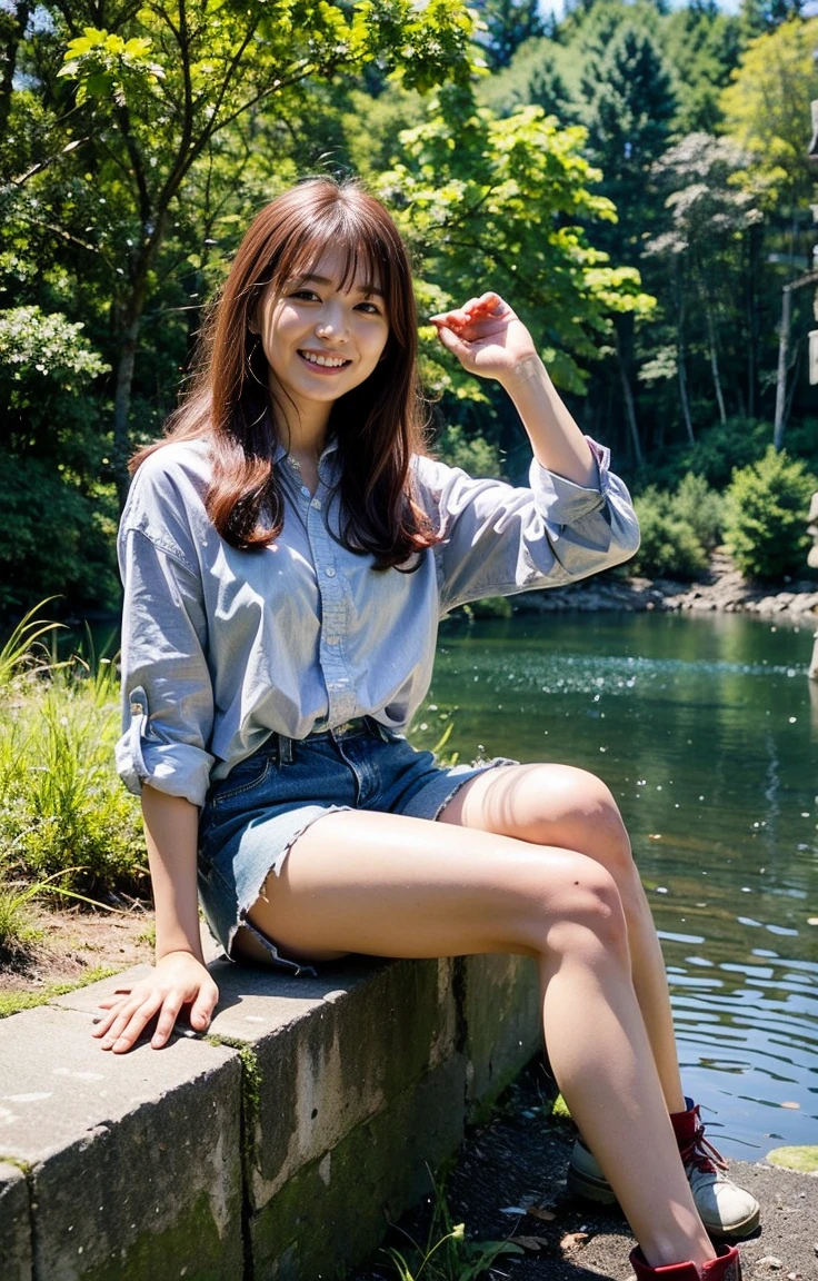 A woman with loose, wavy red hair and hazel eyes、Sitting by a quiet lake in the woods。She is wearing a casual checkered shirt and、Wearing denim shorts。With hiking boots on your feet、Enjoying the outdoor atmosphere。Lush trees in the background々A quiet lake spreads out before me.、The clear water reflects the sunlight。She sits on a picnic mat、She has a bright smile for the camera。A backpack and a water bottle were placed next to him.、You can see that they are enjoying a relaxing outdoor time.。In her hands she holds a bouquet of wildflowers、Enjoying a relaxing time in nature。


