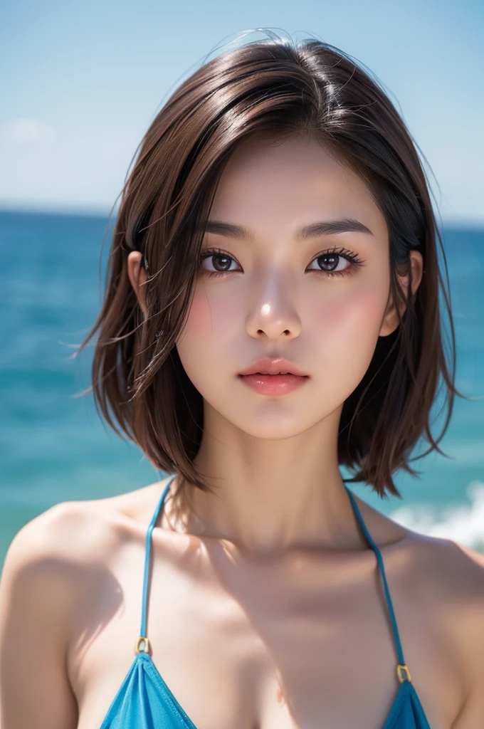 ((Highest quality)),((8K)),(Genuine)、(detailed)、(Beach)、(Bust up shot)、(Big Breasts)、Golden ratio of face to shoulder width、繊細でdetailedな鮮やかな美しい色の衣裳:1.4、Micro Bikini、Halter Neck Bikini、Glossy short bob、Glowing Skin、Japanese、beauty、Looking into the camera、Duck mouth、cute、Hehehe:1.2、Shot with a film camera、RAW shooting、#24、Genuine、フォトGenuine:1.4、Photon Mapping、Physically Based Rendering、Perfect Anatomy、detailedなデコルテ、detailedな目、detailedな二重、detailedな咬筋、detailedな鎖骨、Perfect Fingers、Finger Description、(品質 8K)、((White skin))、Avoid mascara、Hair with movement、detailedな毛穴、Natural light、detailedな描写、Blushing、Fine pores、Perfect cleavage、masterpiece、Blushing、Hair with movement、detailedな腹筋、Sparkling、Cowboy Pose、sexy、detailedな脇の下、(Big Breasts)、face closeup 、(Upper Body)、detailedな目元、