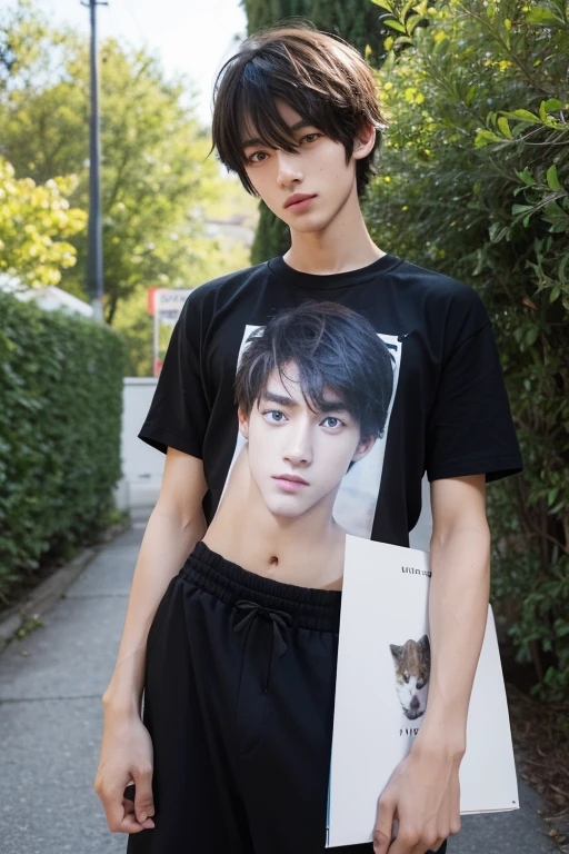 Draw a boy in his second year of high school.. He is a thin boy, about 169cm tall, and his face is very handsome, like that of a cat.. The eye color is dark yellow.. The hair is a short bob, yellow, and the roots are not dyed, so the top is black and looks like pudding.. My skin is white and I'm on the volleyball team., I like to play games and stay at home. The outfit is a red jacket over a white hood, and the bottoms are long red pants with white stripes on both sides as an accent.