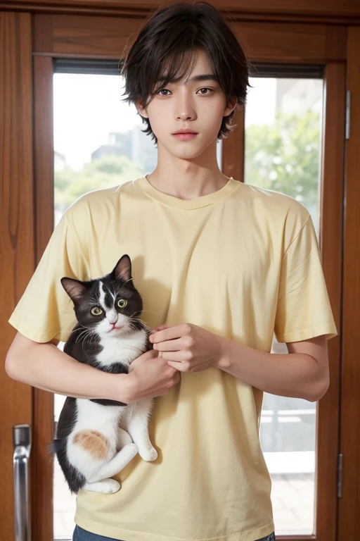 Draw a boy in his second year of high school.. He is a thin boy, about 169cm tall, and his face is very handsome, like that of a cat.. The eye color is dark yellow.. The hair is a short bob, yellow, and the roots are not dyed, so the top is black and looks like pudding.. My skin is white and I'm on the volleyball team., I like to play games and stay at home. The outfit is a red jacket over a white hood, and the bottoms are long red pants with white stripes on both sides as an accent.
