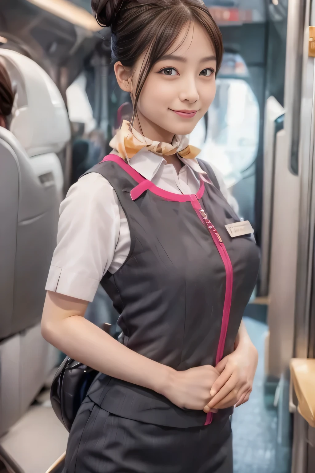 (masterpiece:1.2, Highest quality:1.2), 32k HDR, High resolution, (alone、One Girl)、(Ride the bullet train、Professional Lighting)、Background in the car、(Realistic style of JR Gran Class crew uniform)、Short sleeve blouse、a scarf around the neck、(JR Gran Class flight attendant uniform with pink parts on the skirt sleeves)、(The uniform of the flight attendants of JR Gran Class has a pink line on the front zipper of the vest..)、Dark brown hair、(Hair tied up、Hair Bun、Hair Bun)、Dark brown hair、Long Shot、Big Breasts、((Great hands:2.0)),((Harmonious body proportions:1.5)),((Normal limbs:2.0)),((Normal finger:2.0)),((Delicate eyes:2.0)),((Normal eyes:2.0)))、Luxury Necklace、smile、Beautiful standing posture,
