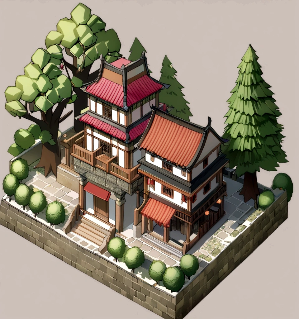 absurd, best quality, fancy, Isometric, style of playing (Shabby oriental building, 작은 tree :1.2), tree, stonewall, (simple background:1.2)