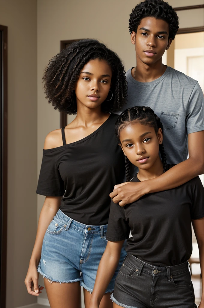 Older brother is, tall, light brown skin, curly black short hair to neck, black shirt, long jean shorts, younger sister is, tall braids black shoulder lenght hair, black shirt, small jean shorts, brown skin, realistic teens, sister bending over posing