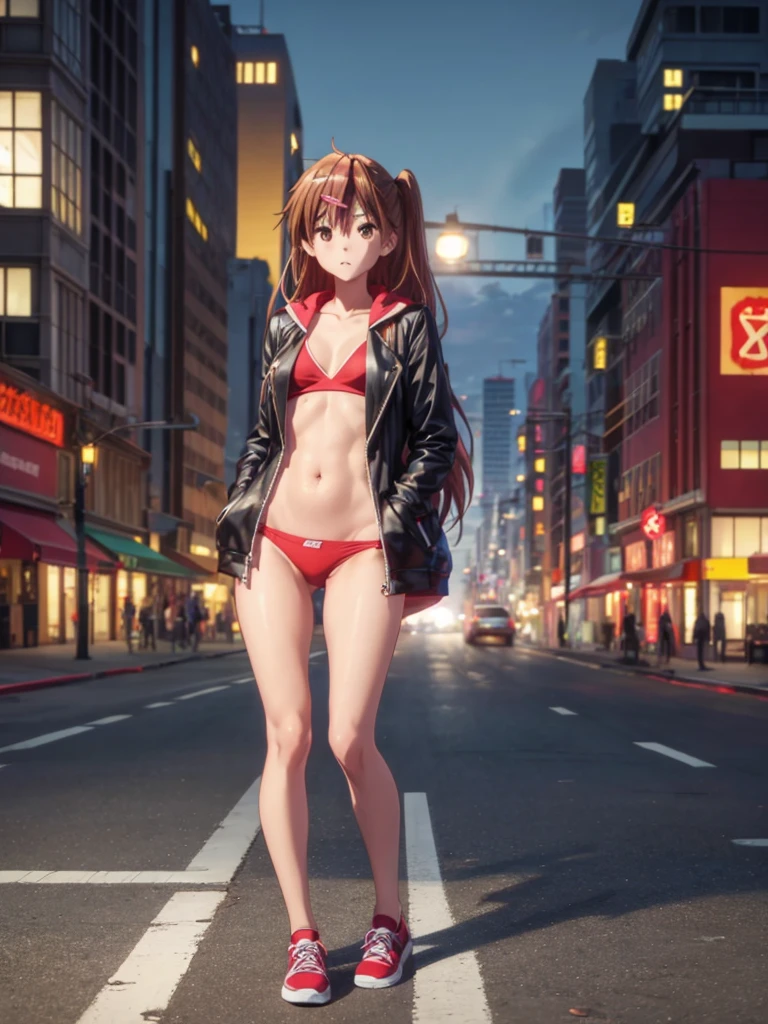Girl, red thong, You can see her breasts, street background, openlegs, night, highway, night, Sneakers, Bare chest, small breast, slim body, You can see the thong, Short jacket for a naked body