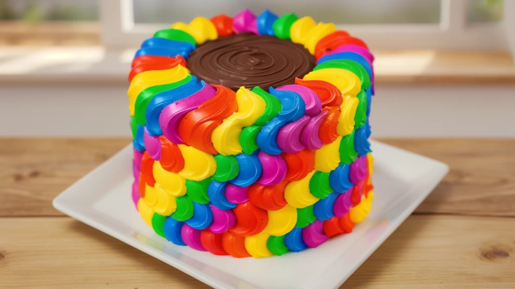 on a wooden table. there is a square white plate. rainbow cream cake. smears of cream in a checkerboard pattern, hole with chocolate drips on top,  ((cream highlights)), against the background of the kitchen, Kitchenware, vases with plants, Beautiful light from the window, contour light, Multiple light sources, beautiful sunlight, Bright light source, bright lighting, beautiful light sources, Multiple light sources, Realistic style , realistic texture, detailed texture, A high resolution, high quality, macro photography 