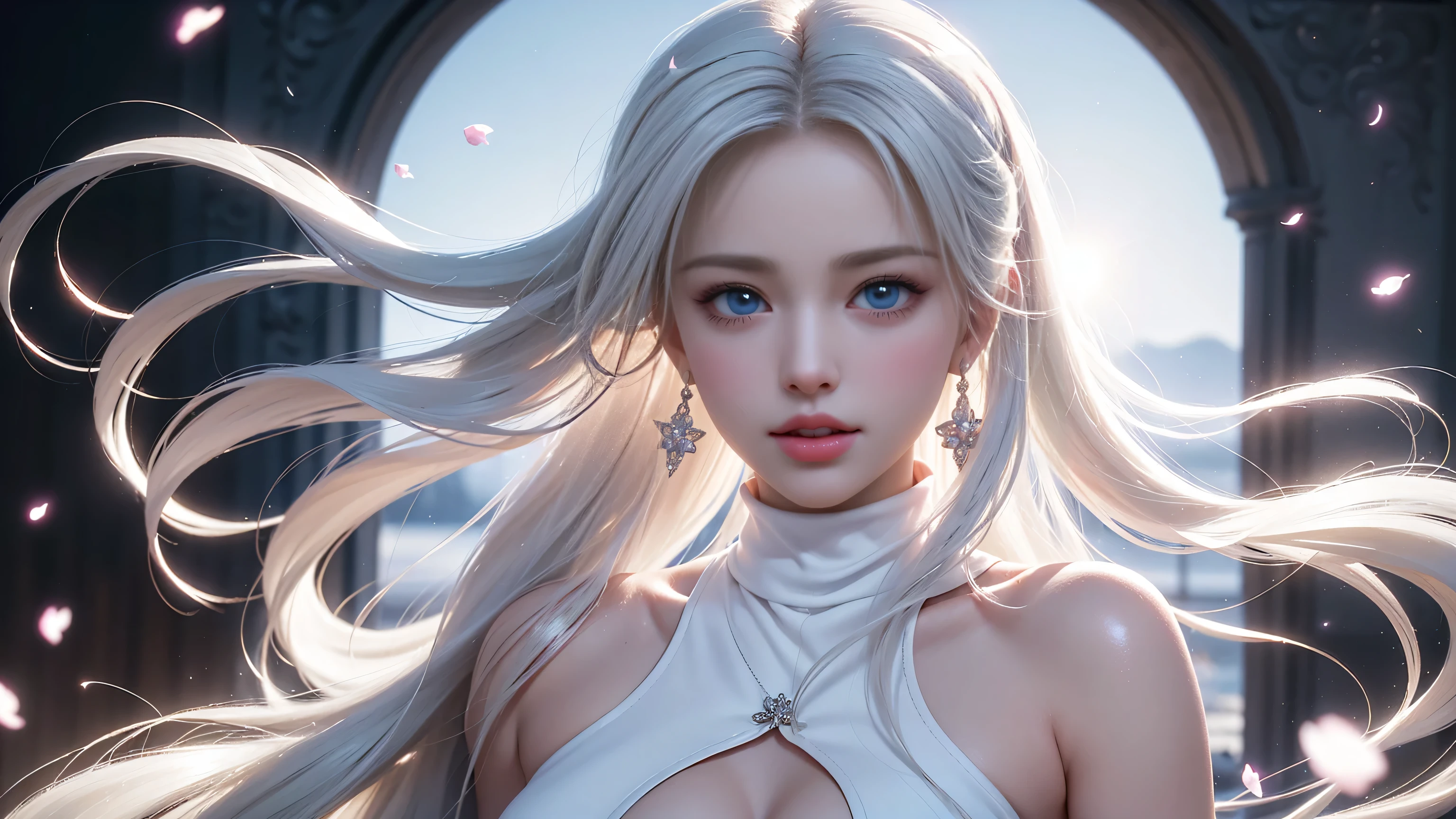 ((Full body image))((Representative works:1.5、8K、Portrait、Photo-realistic and very detailed CG、Very detailed、Particle Effects、Dynamic Effects、Written boundary depth、Cinematic Light、Lens flare、Ray Tracing、Tabletop、Realistic:1.4、Super A high resolution:1.2、Realistic、Realistic))((alone、,Woman in turtleneck dress:1.4、Model-like pose:、Side bust、Ample breasts、Detailed face、Bright expression、Young、Bright、White skin、Great looks、Ultimate beauty、shiny white hair:1.8、Bright shiny hair、Super long、Silky straight hair、Hair swaying in the wind))(Transparent flowers々Surrounded by、White background、The background is wonderful、Thin petals flutter down)