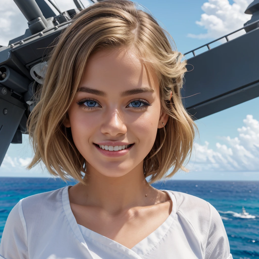 {{masterpiece, best quality, extremely detailed CG, unity 8k wallpaper, cinematic lighting, }}, Sony α7, wide frame, South Pacific, during war with Asian powers, wind blowing on Aegis ship, 1 Girl, Full Body, smile, she is a US Navy sailor, Caucasian, 20 Years Old, Smile, Blonde Hair, Short Bob, blue eyes , long eyelashes ,