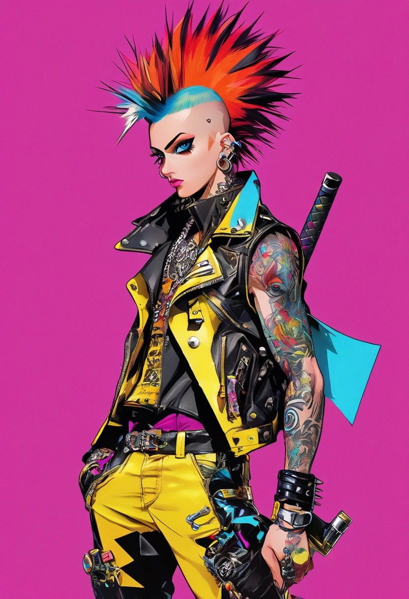 ((whole body, Plano General:1.6),Punk rebelled., Young Punk,Spiked clothing, ((By Mohawk:1.5)), ((Action pose:1.5)), Revolutionary, Punk Clothing Top Leather Pants, masterpiece, High resolution, Best 4K images, 8K, Highly detailed and expressive eyes, ((Bright colors, red, orange, yellow, cyan:1.4)), High resolution