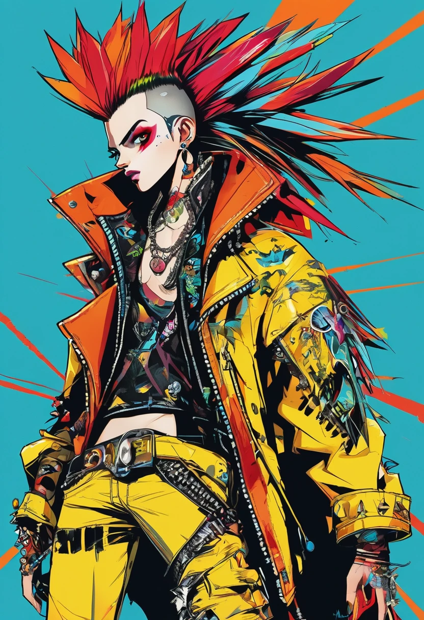 ((whole body, Plano General:1.6),Punk rebelled., Young Punk,Spiked clothing, ((By Mohawk:1.5)), ((Action pose:1.5)), Revolutionary, Punk Clothing Top Leather Pants, masterpiece, High resolution, Best 4K images, 8K, Highly detailed and expressive eyes, ((Bright colors, red, orange, yellow, cyan:1.4)), High resolution