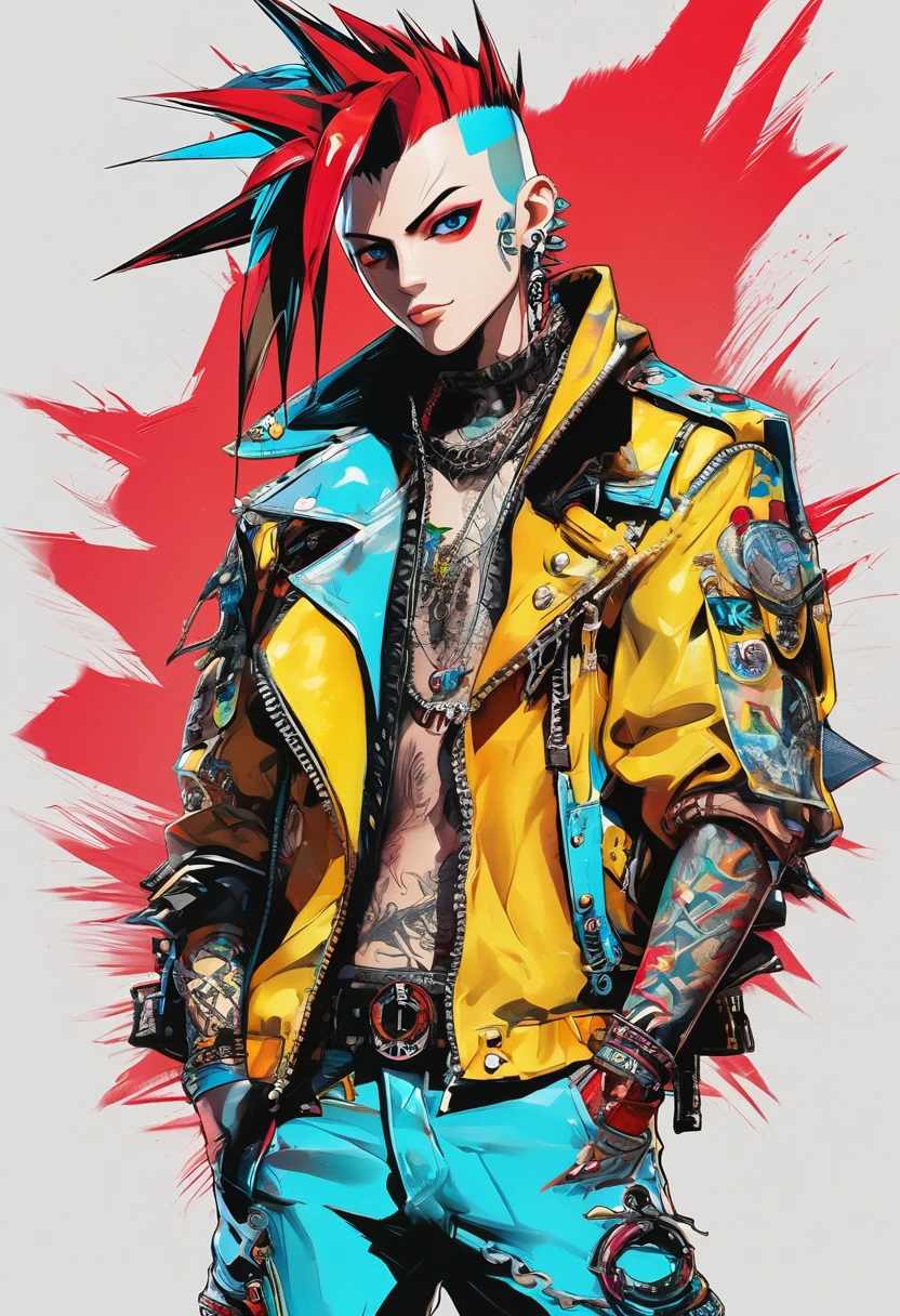 ((whole body, Plano General:1.6),Punk rebelled., Young Punk,Spiked clothing, ((By Mohawk:1.5)), ((Action pose:1.5)), Revolutionary, Punk Clothing Top Leather Pants, masterpiece, High resolution, Best 4K images, 8K, Highly detailed and expressive eyes, ((Bright colors, red, orange, yellow, cyan:1.4)), High resolution