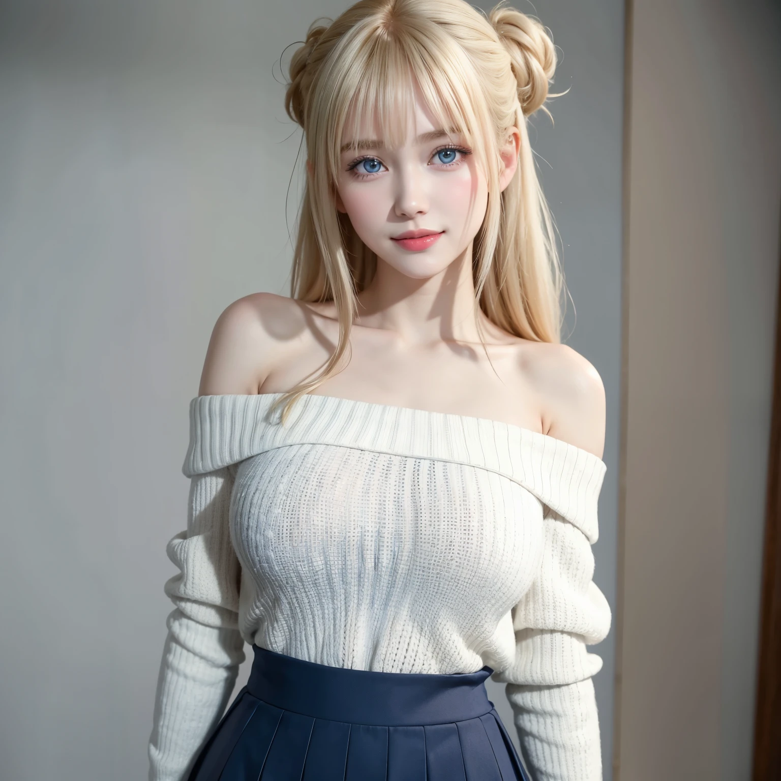 (Best quality, masterpiece, detailed), (RAW, 4k, hd images), 1 girl, 17 years old, white skin, bright and dazzling blonde hair, long bangs between the eyes, hair buns, beatutiful face, perfect face, cute face, glowing pale blue eyes, thin pink lips, lipsticks, detailed features of face design, perfect body, perfect breast, round breast, smile, thigh, legs, indoors, off shoulder sweater, short skirt, full body, standing, photo on middle facing camera, white wall background,
