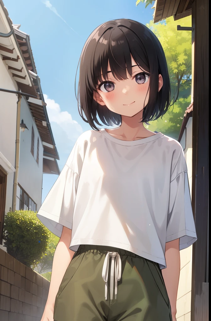 Residential Street,smile,Are standing,close ~ eye,One ,Two-block shorthair,Black Hair,blush,White T-shirt,Olive green shorts,Brown Sandals,White skin,summer,From below,shy,Sweat,茶色のeye,Cowboy Shot