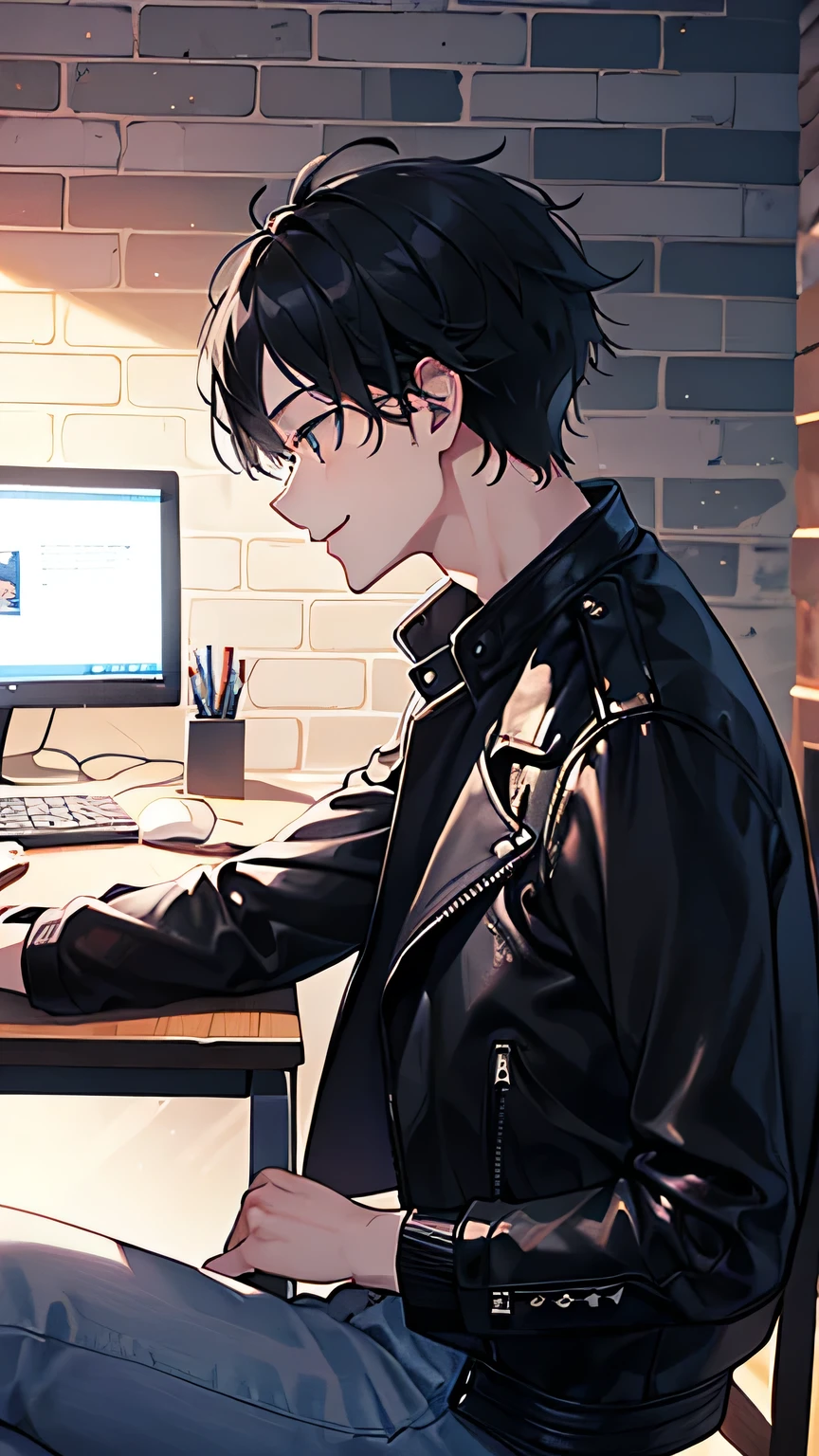 Highest quality、Young man looking up at the sky、smile、profile、computer、Stylish brick room、Wearing a black leather jacket、Black Hair、1 male