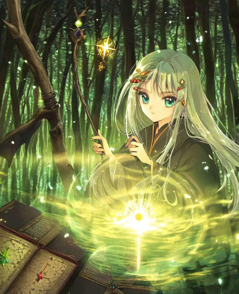 "Create an anime-style close-up artwork of a young witch girl, with detailed, high-quality eyes. She has long, flowing hair adorned with magical accessories like feathers and beads, and wears a mystical robe with intricate patterns and symbols. Her eyes should be the focal point, shimmering with arcane power and reflecting the glow of mystical energies. The background should hint at a magical sanctum or forest clearing, with blurred images of glowing spell books, cauldrons, and mystical creatures, capturing the essence of her mysterious and enchanting persona."