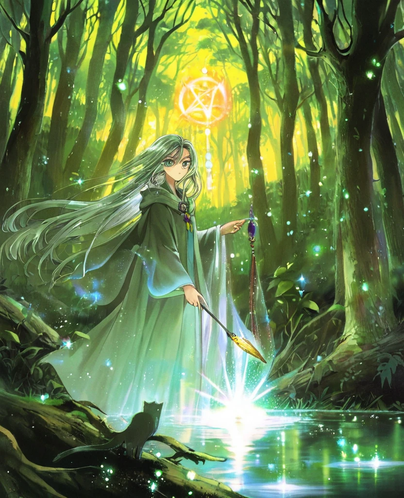 "Create an anime-style close-up artwork of a young witch girl, with detailed, high-quality eyes. She has long, flowing hair adorned with magical accessories like feathers and beads, and wears a mystical robe with intricate patterns and symbols. Her eyes should be the focal point, shimmering with arcane power and reflecting the glow of mystical energies. The background should hint at a magical sanctum or forest clearing, with blurred images of glowing spell books, cauldrons, and mystical creatures, capturing the essence of her mysterious and enchanting persona."
