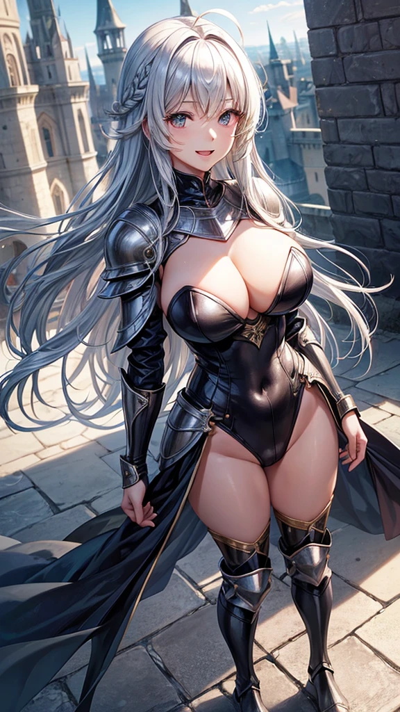 Woman knight、a beauty girl、huge tit、Excellent style、Nice Buddy、glamorous、leotard、s Armor、Bra chest armor、knee boots、gauntlets、hair adornments、silber hair、Longhaire、Ahoge、a medieval castle、is standing、full body seen、Outside the castle、natta、a smile、slightly open mouth