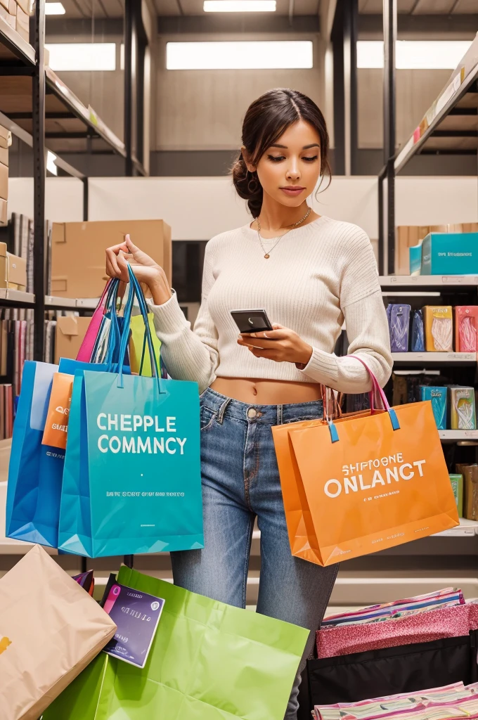 Create a background image that captures the essence of online shopping. The scene should include a laptop or smartphone displaying a vibrant e-commerce website, surrounded by shopping bags, credit cards, and various products like clothing, electronics, and books. The color scheme should be modern and inviting, with a clean and organized layout that emphasizes convenience and excitement.
