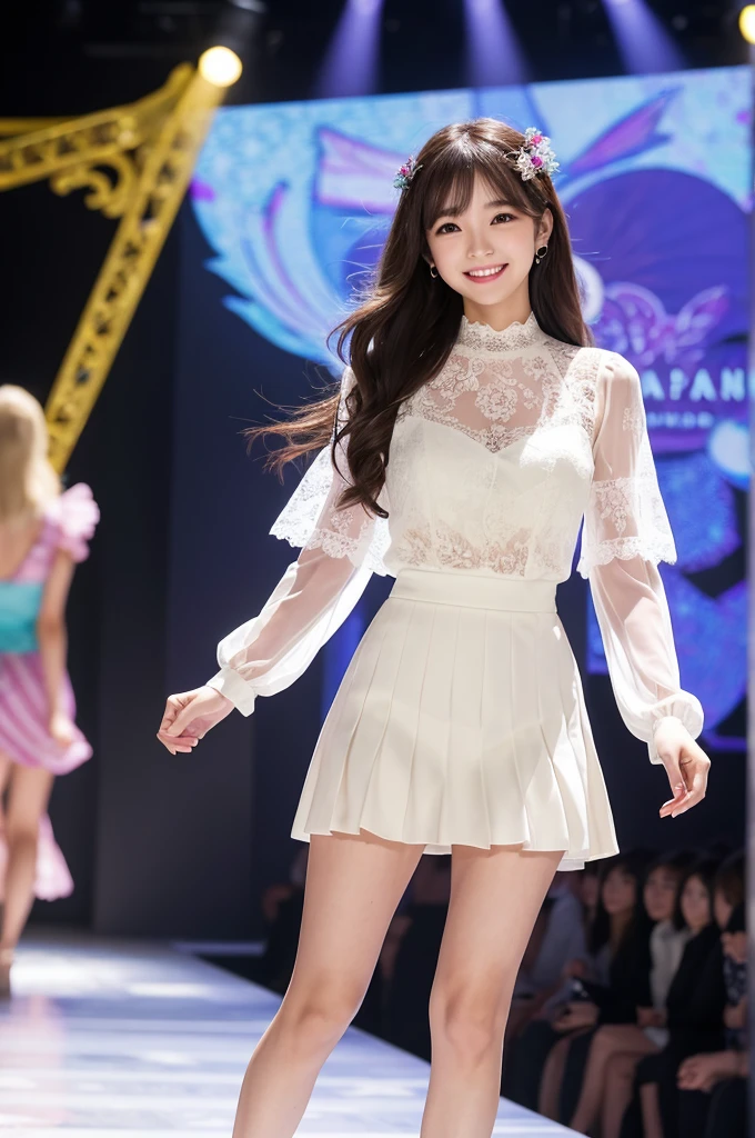Amazingly large eyes、Smiling expression with white teeth visible、H cup bust、50cm waist、Slender and fair-skinned、Japan woman with long hair、20-year-old、Slim figure、Wearing a pleated skirt and a sheer lace blouse that flutters in the vivid breeze、Wearing high heels。On the runway at a fashion show、Her whole body was shown, from her high heels to her head, as she walked towards the viewer.、Bright, photo-quality images。