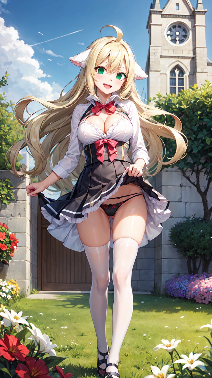 Masterpiece ,best quality , high resolution , (1 girl solo:1.38) , (mavis, long hair, blonde hair, (green eyes:1.5), ahoge, wavy hair, animal ears,) , (cleavage:1.2) , (medium breast:1.28) , (wear stockings , panties , strong wind , big wing , skirt lift ) , (cleavage:1.15) , (big breast:1.1) , (face view , look at view , front view , smile , open mouth) , (white dress , miniskirt , knot bow skirt , head tilt ) , (outdoor , garden , church , flower ,Strong winds,gale)