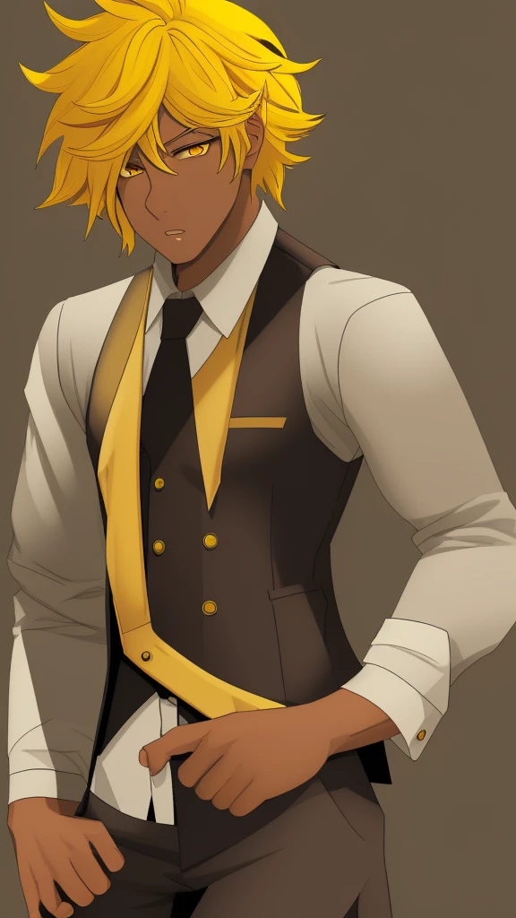 fair brown-skinned, shorth hair, shirt Yellow, eyes black, fully body, male focus, waistcoat, yellow hair,