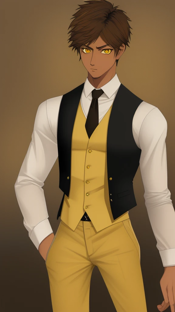 fair brown-skinned, shorth hair, shirt Yellow, eyes black, fully body, male focus, waistcoat, yellow hair,