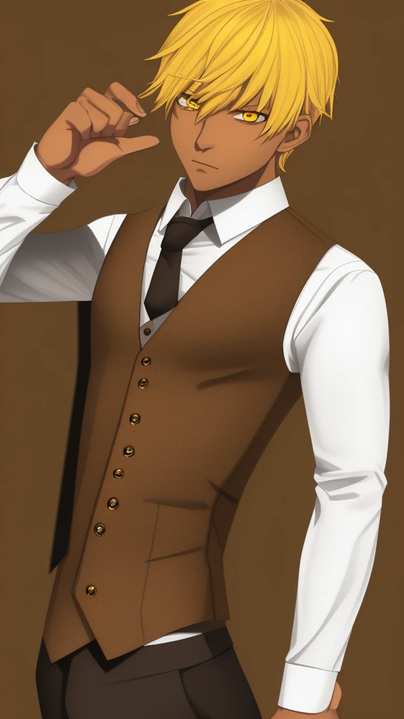 fair brown-skinned, shorth hair, shirt Yellow, eyes black, fully body, male focus, waistcoat, yellow hair,